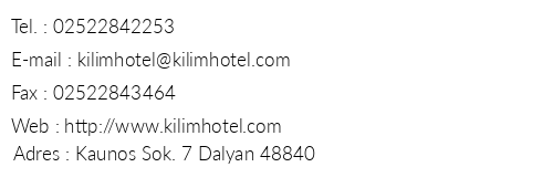 Kilim Hotel Dalyan telefon numaralar, faks, e-mail, posta adresi ve iletiim bilgileri